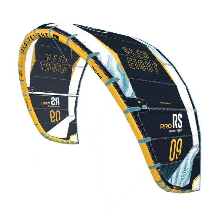Eleveight RS Pro V2 9 m – aile de kitesurf Aluula noire, blanche et jaune, vue trois quarts gauche